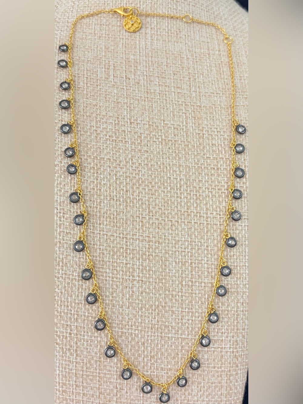 STUNNING NEW Freida Rothman Belargo Bezel Drop Necklace Gold & Black Adj 15”-17”